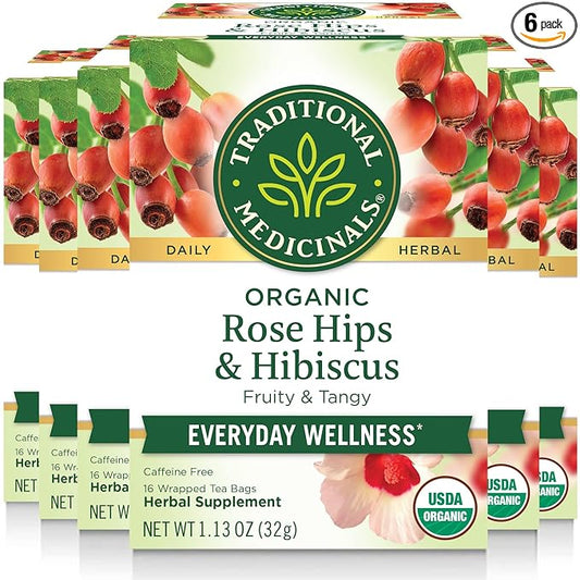 Traditional Medicinals Tea, Organic Rose Hips & Hibiscus, Supports Everyday Wellness, 96 Tea Bags (6 Pack)