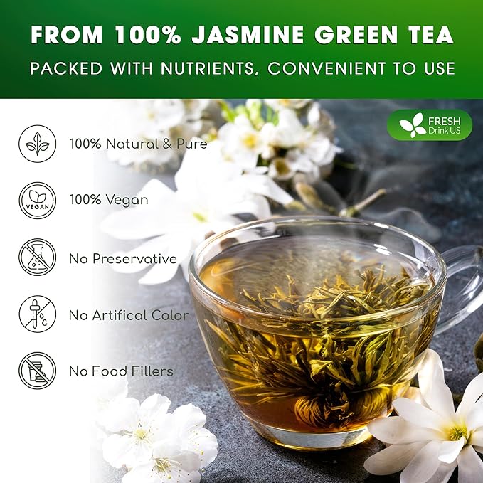 FreshDrinkUS, Premium 40 Jasmine Green Tea Bags, 100% Natural & Pure from Jasmine Green Tea. Jasmine Green Herbal Tea. Made with Natural Material Tea Bags. No Sugar, No Gluten, Vegan.