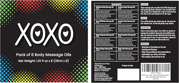 XOXO - 8 Piece Flavoured Body Massage Oils Set - Natural Pleasant Aroma for Men & Women - Quality Assurance, Nourishing & Moisturizing - 240ML/8.11 FL Oz - by Dude’s Love