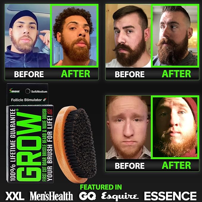 GROW First Cut Boar Bristle Beard & Wave Brush for Men 360 - Beard/Hair Growth Follicle Stimulator - Exfoliate - Detangle - Moisturize - Improve Circulation & Blood Flow (USA)