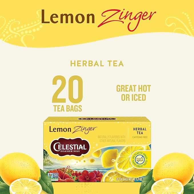 Celestial Seasonings Lemon Zinger Herbal Tea, Caffeine Free, 20 Tea Bags Box