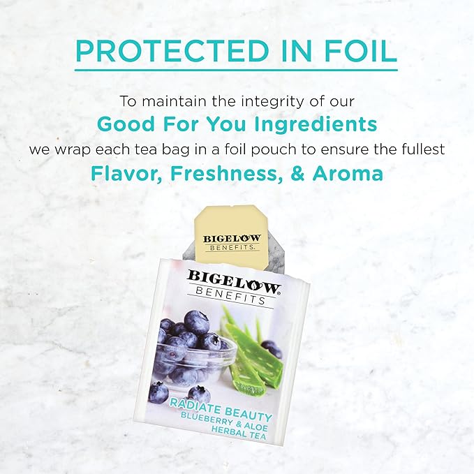 Bigelow Benefits Radiate Beauty Blueberry and Aloe Herbal Tea, Caffeine Free, 18 Count (Pack of 6), 108 Total Tea Bags