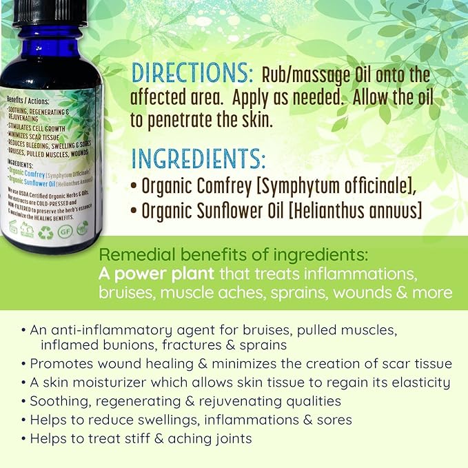 Organic Comfrey Oil Raw, Infused, Pressed Herbal Remedy, Comfrey Leaf, Sunflower Seed 1fl. oz.