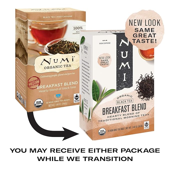Numi Organic Tea Breakfast Blend, 18 Count Box of Tea Bags, Black Tea (Packaging May Vary)