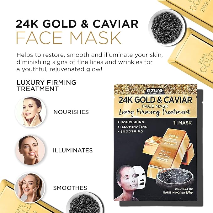 AZURE 24K Gold and Caviar Anti Aging Luxury Face Mask - Hydrating & Firming Facial Mask - Helps Reduce Wrinkles & Fine Lines - With Hyaluronic Acid & Collagen - Skin Care Made in Korea - 10 Pack