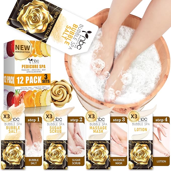 Pedicure Kit Foot Soak Set: Bubble Salt, Sugar Scrub, Massage Mask, Massage Lotion in a Box, 4 Step Foot Spa Kit for Dry Feet,Tired Feet（3 Set Golden petals)