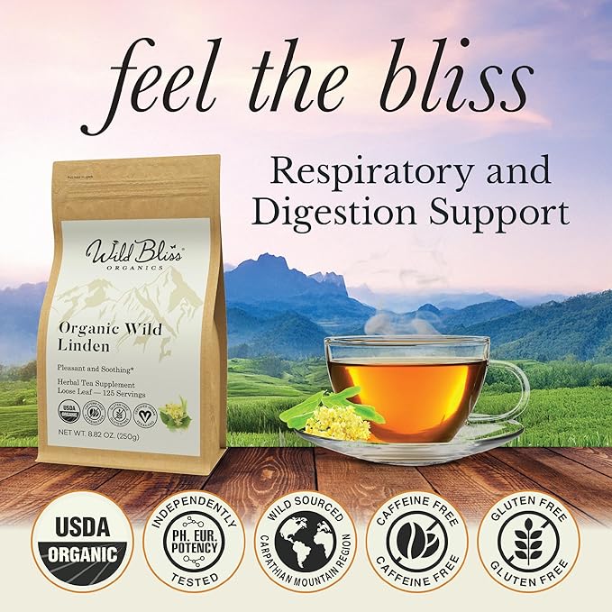 Wild Bliss Organic Linden Flower Tea - Caffeine Free Loose Leaf Calming Herbal Tea - 8.8 Ounces - 125 Servings
