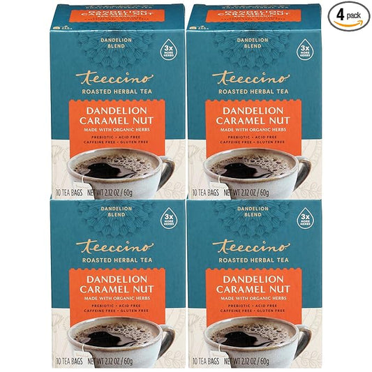 Teeccino Dandelion Caramel Nut Tea - Caffeine Free, Roasted Herbal Tea with Prebiotics, 3x More Herbs than Regular Tea Bags, Gluten Free - 10 Tea Bags (Pack of 4)