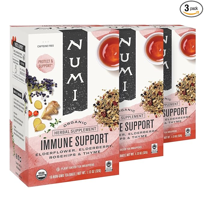 Numi Organic Immune Support Tea, 16 Tea Bags (Pack of 3), Elderflower, Elderberry, Rosehips and Thyme, Caffeine Free
