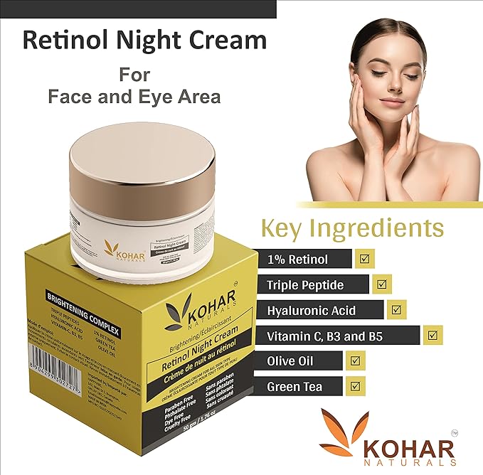 Anti Aging Retinol Night Cream Brightening Complex for Face and Eye with Triple Peptides, Hyaluronic Acid, Vitamin C, E, B3 and B5. 50 gm