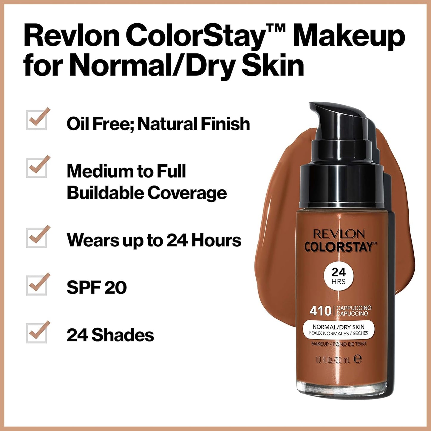 Revlon Liquid Foundation, ColorStay Face Makeup for Normal & Dry Skin, SPF 20, Longwear Medium-Full Coverage with Natural Finish, Oil Free, 500 Walnut, 1 Fl Oz