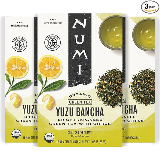 Numi Organic Yuzu Bancha Tea, 16 Tea Bags (Pack of 3) Roasted Japanese Green Tea with Citrus, Caffeinated