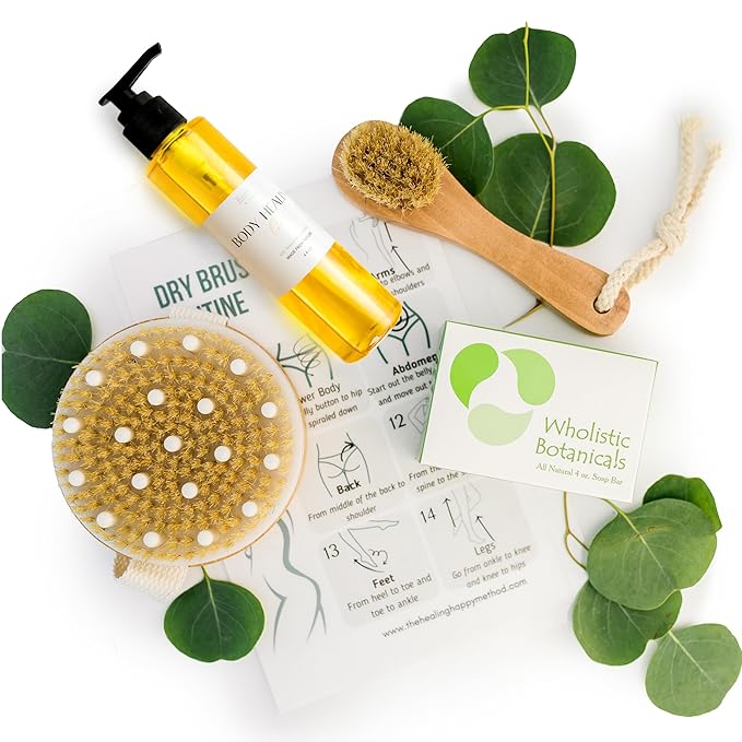 Healing Happy Method - Dry Brush Skin Care Kit + Body Healing Oil – Body & Facial Boar Bristle Brushes, Natural Oil Soap, Sisal Bag & Full Instruction Chart for Glowing Skin