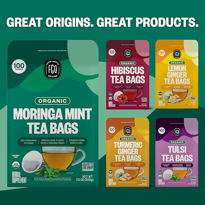 FGO Organic Moringa Mint Tea, 100 Count, Eco-Conscious Herbal Tea Bags, Resealable Bag, Caffeine Free, Packaging May Vary (Pack of 1)