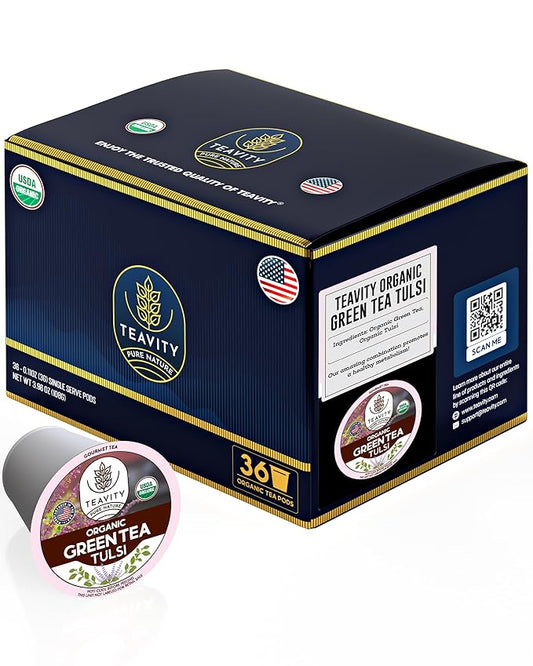 Organic Tulsi Tea Pods with Unsweetened Caffeinated Green Tea Pods for Keurig - Tulsi Green Tea by Teavity (36 Tea Pods)