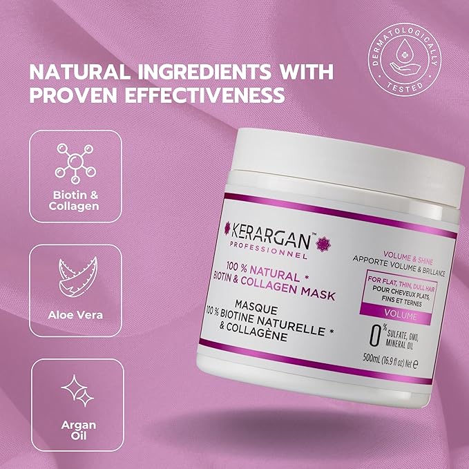 KERARGAN - Volumizing Hair Mask with Biotin & Collagen - For Flat, Thin, Dull Hair - Enhanced Volume & Shine - Sulfate-Free, GMO-Free, Mineral Oil-Free - 16.9 Fl oz
