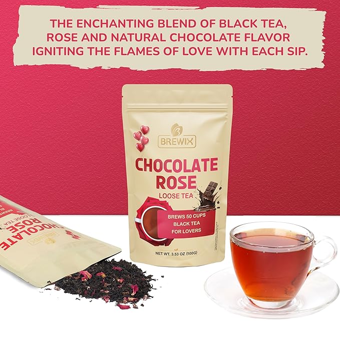BREWIX Chocolate Rose Loose Black Tea (50+ Cups, 3.53oz/100g) | Valentine's and Dessert Tea