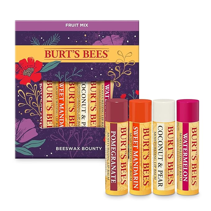 Burt’s Bees Holiday Gift, 4 Lip Balm Stocking Stuffer Products, Beeswax Fruit Set - Pomegranate, Sweet Mandarin, Coconut and Pear & Watermelon (Old Version)