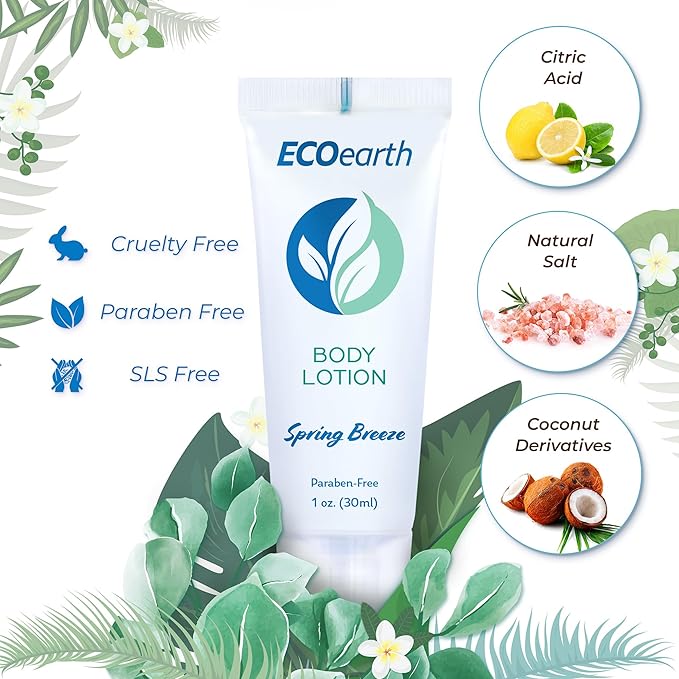 EcoEarth Travel Size Lotion (1 fl oz, 100 PK, Spring Breeze), Delight Your Guests with an Invigorating and Refreshing Body Lotion, Quality Mini and Small Size Guest Hotel Toiletries in Bulk