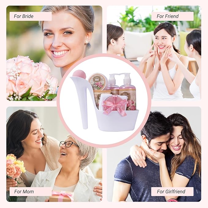 Draizee Mothers Day Gifts for Mom - Spa Gift Baskets for Women -8 Pcs Luxury British Rose Scented Heel Shoe Design Bath and Body Spa Set - Self Care Package for Women, Presents for Mom, Body Care Set