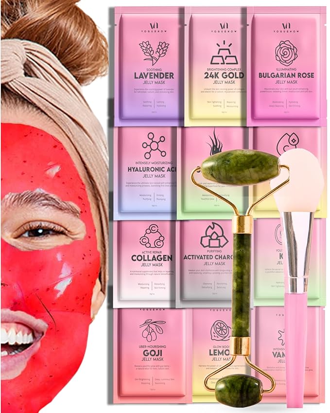 Jelly Mask for Facials - 12 Flavors Hydrating & Brightening Jelly Face Masks | Free Jade Roller & Spatula | Bulgarian Rose, Lavender, Hyaluronic Acid, 24K Gold face mask skin care |Vajacial Jelly Mask