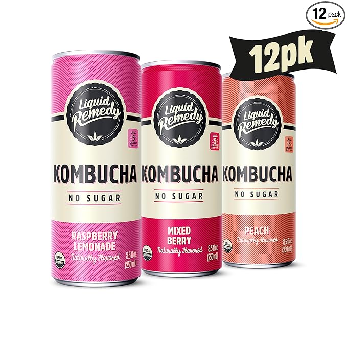 Liquid Remedy Kombucha Sugar Free Organic Drink, Low Calorie, Probiotic Like Tea for Gut Health - Fruity Faves Variety Pack - 8.5 Fl Oz Can, 12-Pack
