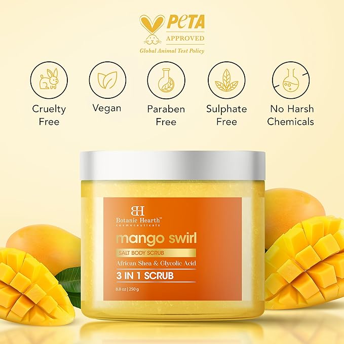Botanic Hearth Mango Swirl Body Scrub - 8.8 fl oz - Exfoliating & Moisturizing Scrub for Smooth, Radiant Skin - Infused with African Shea & Glycolic Acid | 3 in 1 Scrub