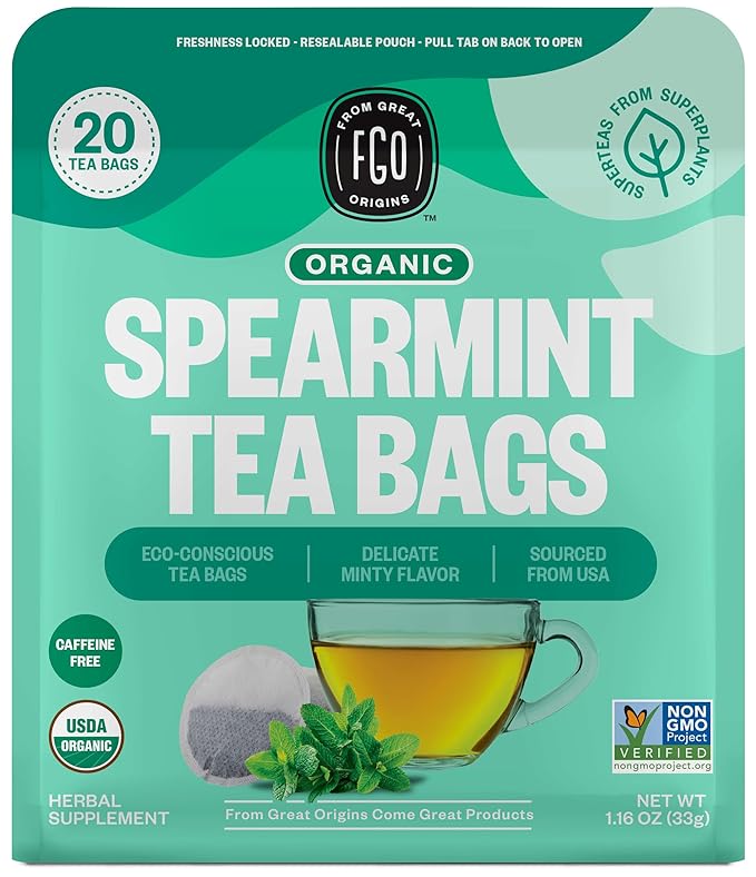 FGO Organic Spearmint Leaf Herbal Tea, 20 Count, Eco-Conscious Tea Bags, Caffine Free, Resealable Bag, Packaging May Vary (Pack of 1)