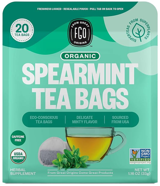 FGO Organic Spearmint Leaf Herbal Tea, 20 Count, Eco-Conscious Tea Bags, Caffine Free, Resealable Bag, Packaging May Vary (Pack of 1)
