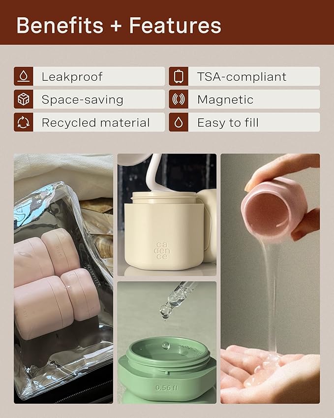 Cadence Travel Containers - Core Skincare Set - Magnetic Travel Capsules - 2 Small (0.56oz) & 3 Medium Capsules (1.32oz) with Cleanser, Moisturizer, Serum, Makeup Remover & Sun-Icon Label - Eucalyptus