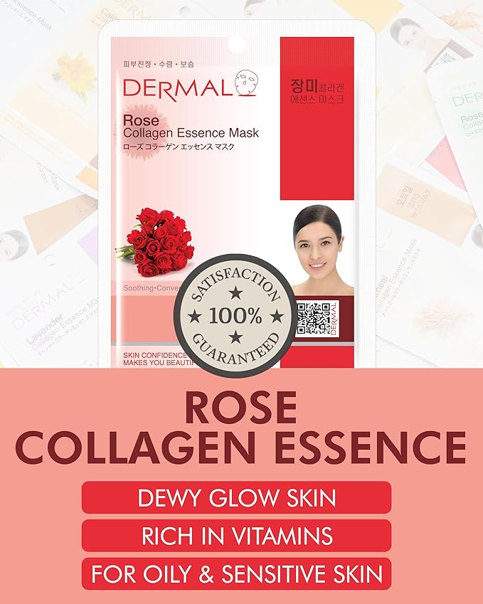 DERMAL Rose Collagen Essence Facial Mask Sheet 23g Pack of 10 - Refreshing & Moisturizing for Tried and Dry Skin, Calming, Daily Skin Treatment Solution Sheet Mask