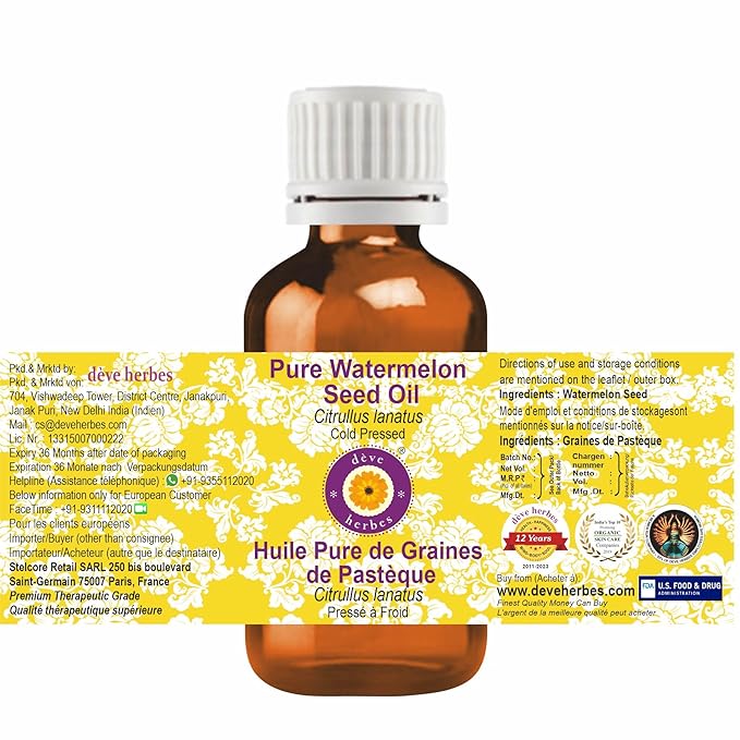 dève herbes Pure Watermelon Seed Oil (Citrullus lanatus) Cold Pressed (Pack of five) 100ml X 5 (16.9 oz)
