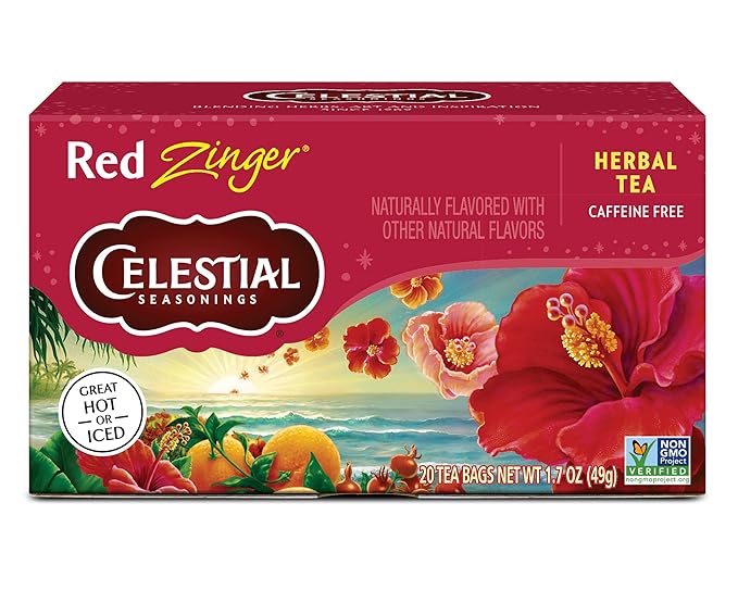 Celestial Seasonings Hibiscus Tea, Red Zinger Herbal Tea, Caffeine Free, 20 Tea Bags