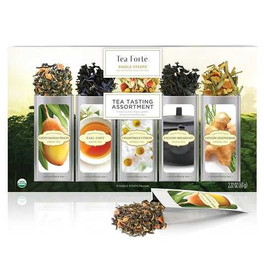 Tea Forte Tea Tasting Assortment Single Steeps Loose Leaf Premium Tea Gift Set Sampler, 15 Count 3 of Each Assorted Blends, Pre-Portioned Single Serve Pouches, Steeps 12 oz