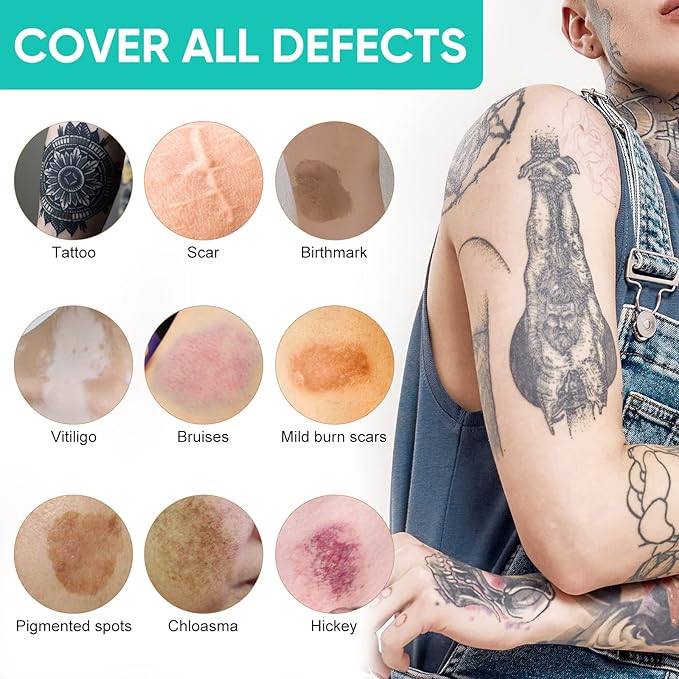 Tattoo Cover Up Makeup Waterproof, Sweatproof Concealer for Scars, Vitiligo, Dark Spots, Long-Lasting, Natural Finish for Body & Legs