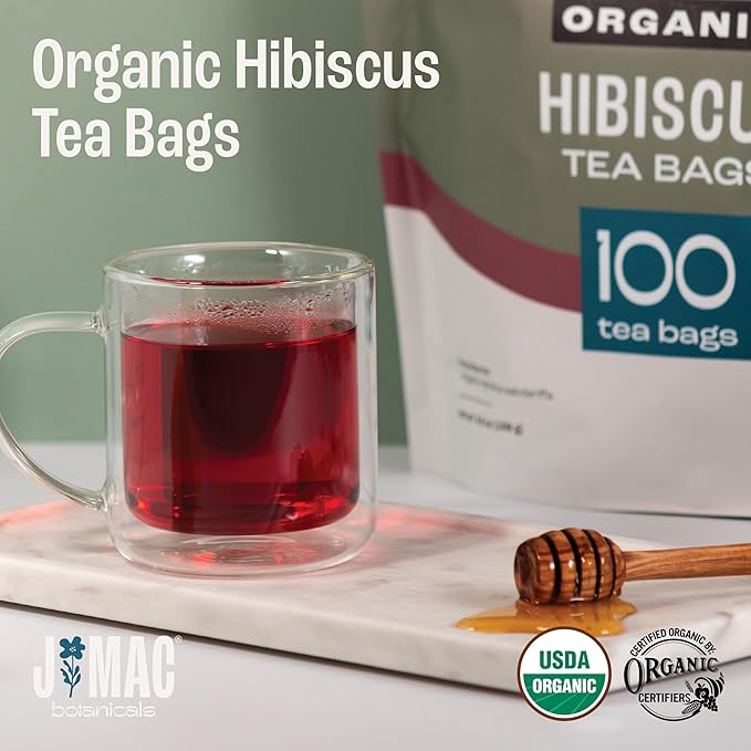 J Mac Botanicals, Organic Hibiscus Tea Bags (100 Count) - Certified by Organic Certifiers, Inc. - Quality Tea From Nile Valley, Egypt, Packaged in the USA