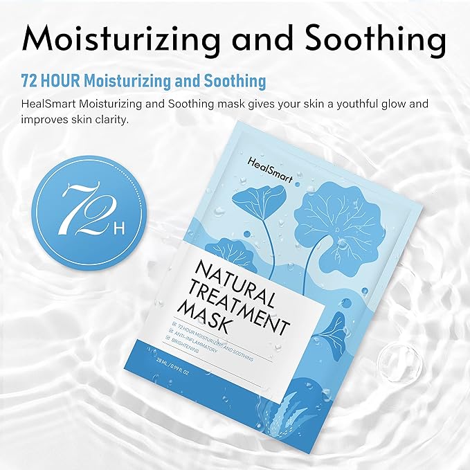 HealSmart 10 Pack Facial Mask 72 Hour Moisturizing and Soothing Face Mask Sheet Improve Skin Clarity and Radiance, for All Skin Types, High Capacity, Made in Korea