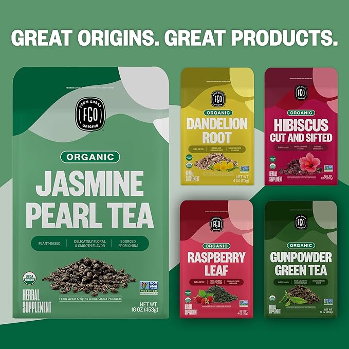 FGO Organic Jasmine Pearl Green Tea, Four Ounce, Loose Leaf, Resealable Bag, Packaging May Vary (Pack of 1)