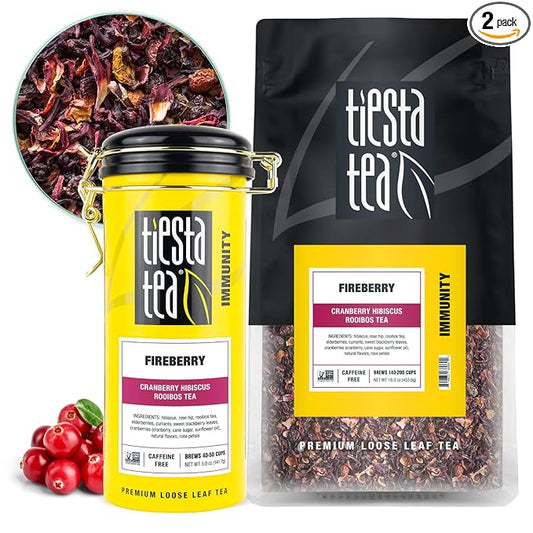 Tiesta Tea - Fireberry | Loose Leaf | Cranberry Hibiscus Rooibos Tea | Premium Non-Caffeinated Rooibos Blend | Make Hot or Iced | Brews Up to 250 Cups | 16oz Bulk Pouch & 5oz Refillable Tin Combo