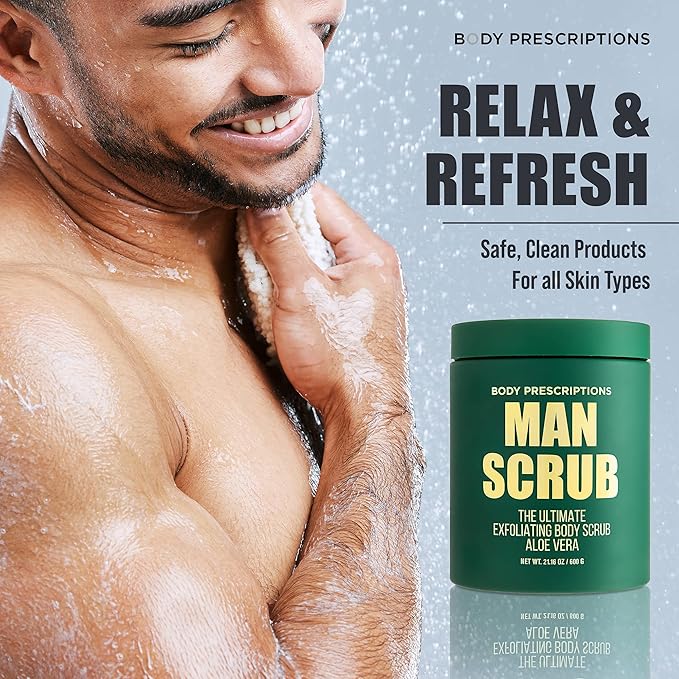 Body Prescriptions Men’s Exfoliating Body Scrub – Ultimate Skin Cleansing Wash in Jar with Twist-Top Lid, For All Skin Types, 21 Ounce (Pack of 1), Aloe Vera