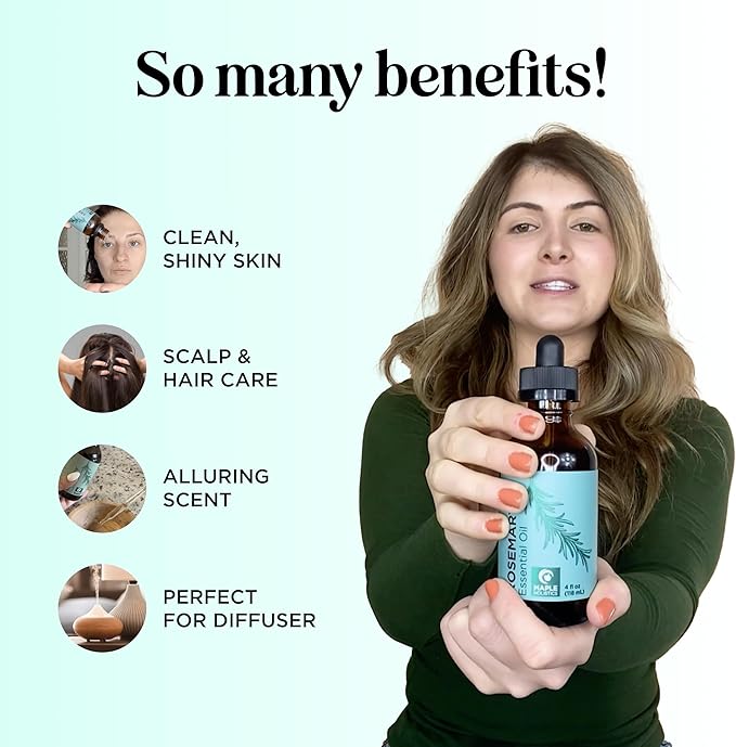 Pure Rosemary Essential Oil with Dropper - Undiluted Rosemary Oil for Hair Skin and Nails and Refreshing Aromatherapy Oil for Diffusers - Essential Oil for Cleansing Dry Scalp Care 4oz