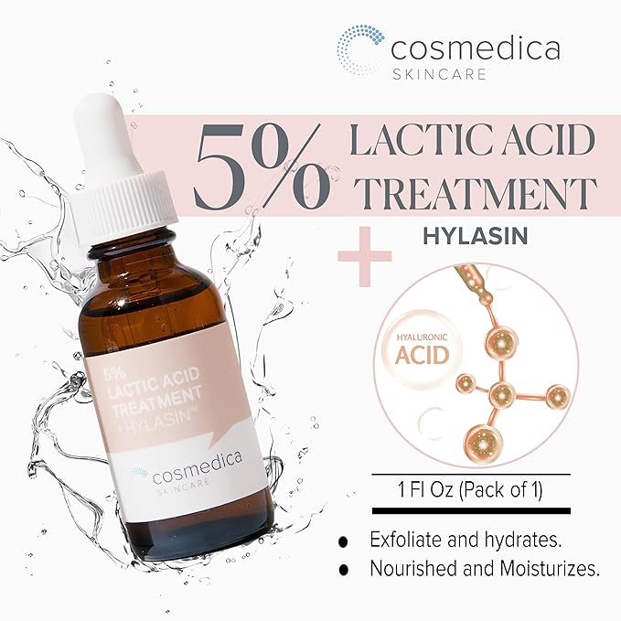 Cosmedica Skincare 5% Lactic Acid Treatment Hylasin - AHA, Hyaluronic Acid, Gentle Exfoliator Dark Spot Corrector, Anti-Aging, Face Peel Brightening Treatment for Dull Hyperpigmented Skin 1 oz (30ml)