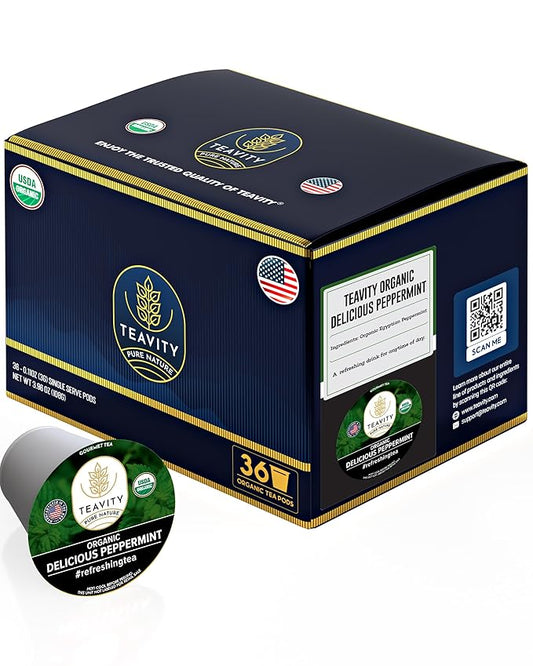 Organic Peppermint Tea Pods for Keurig - Decaf Tea - by Teavity (36 Tea Pods)