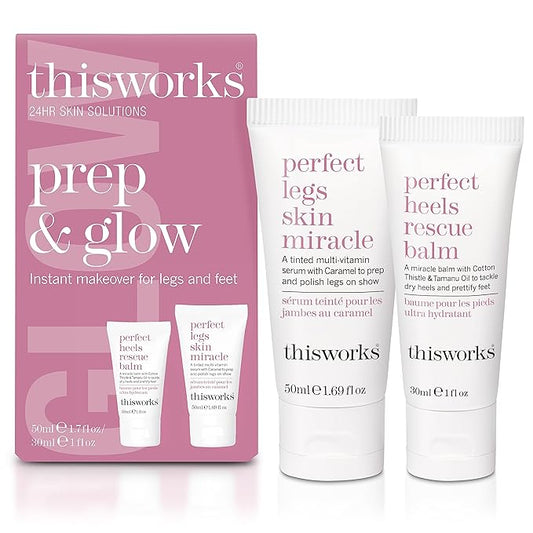 THISWORKS Prep and Glow Gift Set - Travel Size Kit with Perfect Legs Skin Miracle and Perfect Heels Rescue Balm Foot Cream - Nourishing & Hydrating Bodycare Duo