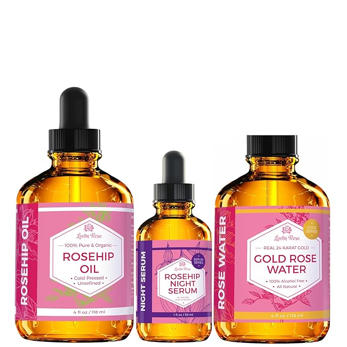 Leven Rose Winter Combat Bundle with Rosehip Oil 4oz, Rosehip Night Serum, and 24k Gold Rose Water