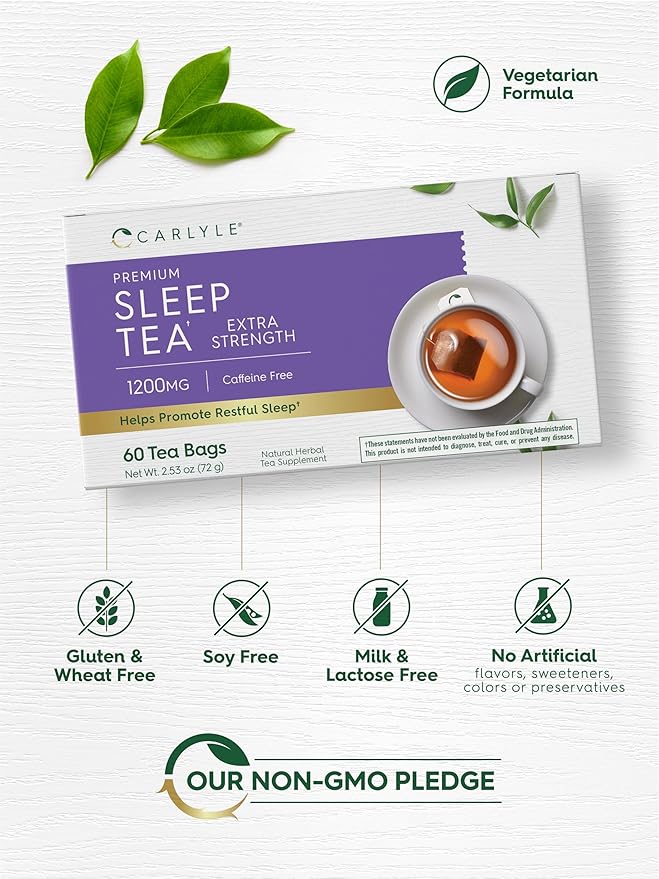 Carlyle Sleep Tea Extra Strength | 60 Tea Bags | Caffeine Free | Bedtime Tea | Herbal Blend with Valerian Root | Vegetarian, Non-GMO, Gluten Free