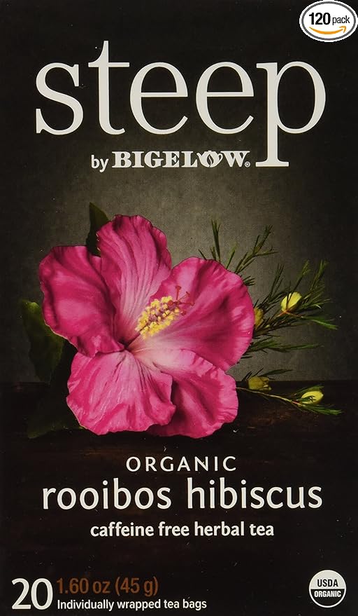 steep by Bigelow Organic Rooibos Hibiscus Caffeine-Free Herbal Tea, 20 Count (Pack of 6), 120 Tea Bags Total