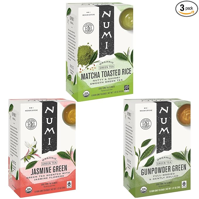 Numi Organic Green Tea Variety, 18 Tea Bags (Pack of 3), Gunpowder, Jasmine Green & Matcha Toasted Rice (Packaging May Vary)