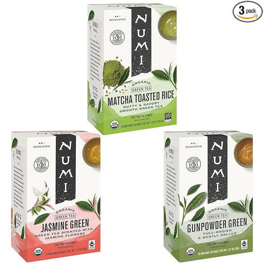Numi Organic Green Tea Variety, 18 Tea Bags (Pack of 3), Gunpowder, Jasmine Green & Matcha Toasted Rice (Packaging May Vary)