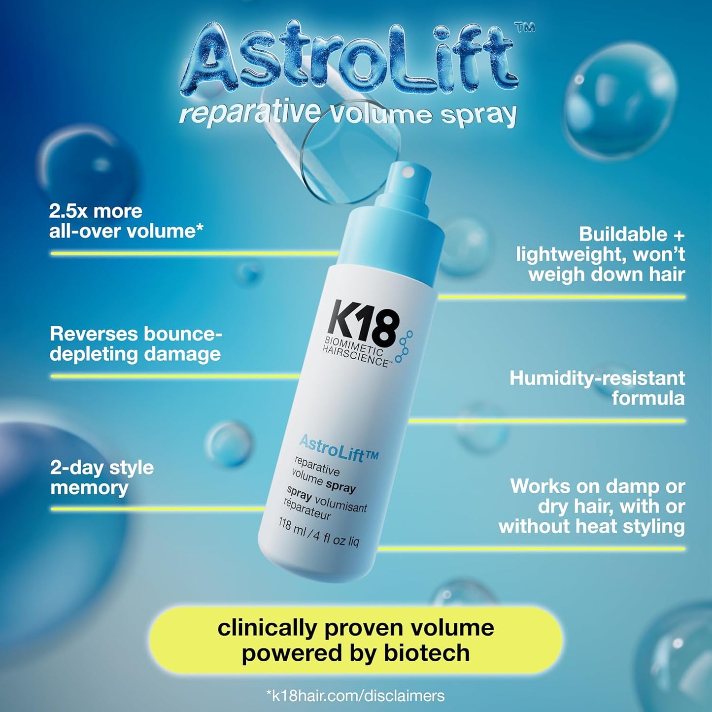 K18 AstroLift™ Reparative Volume Spray, 2-Day Hair Thickening + Hold For Thin, Fine, Fragile Hair, Non-Sticky, Non-Crunchy, Humidity-Resistant Volumizing Spray, 4 Fl Oz